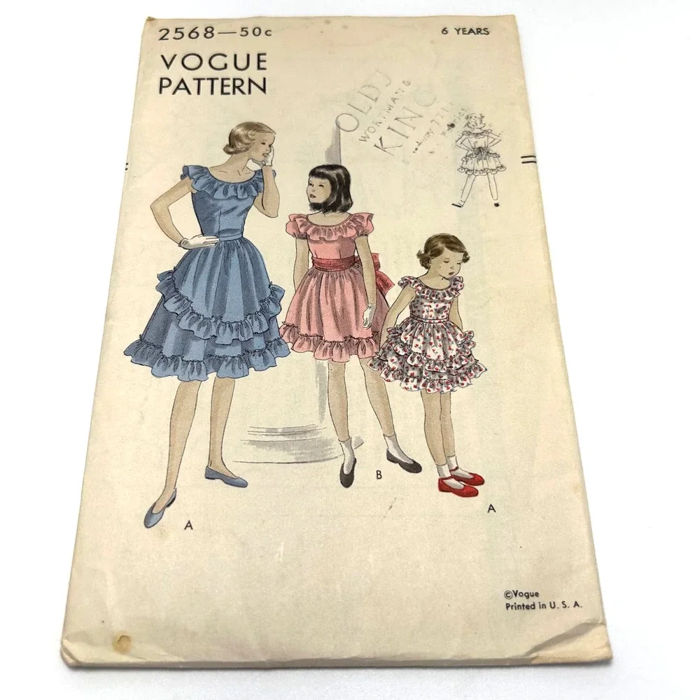 Vogue Vintage 1940's Pattern #2568 Girls One Piece Ruffle Dress Size 6 Years HTF